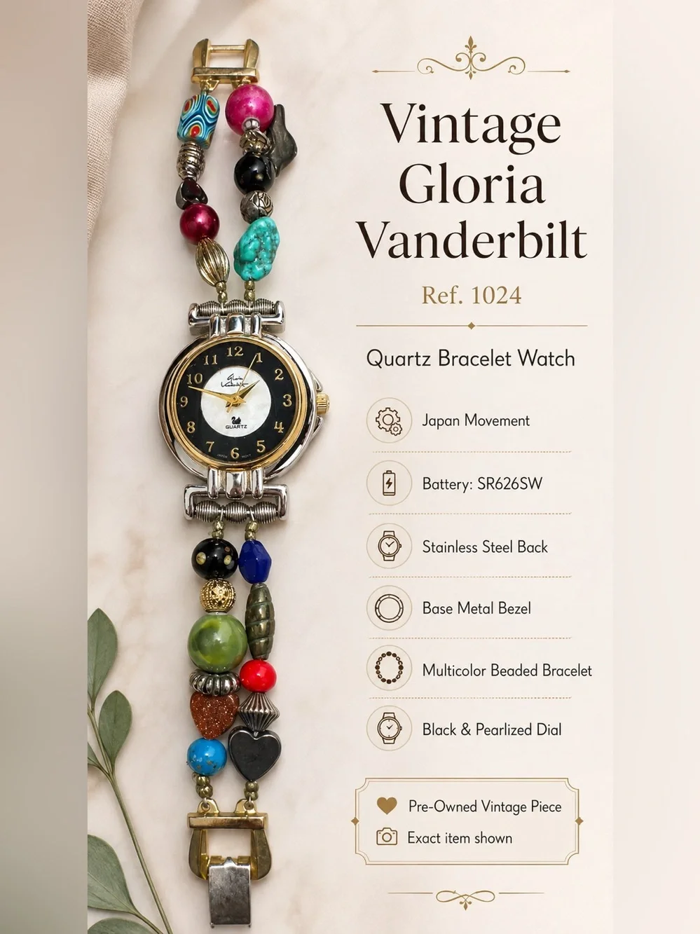RARE Vintage Gloria Vanderbilt Ref 1024 Multicolor Beaded Quartz Bracelet Watch